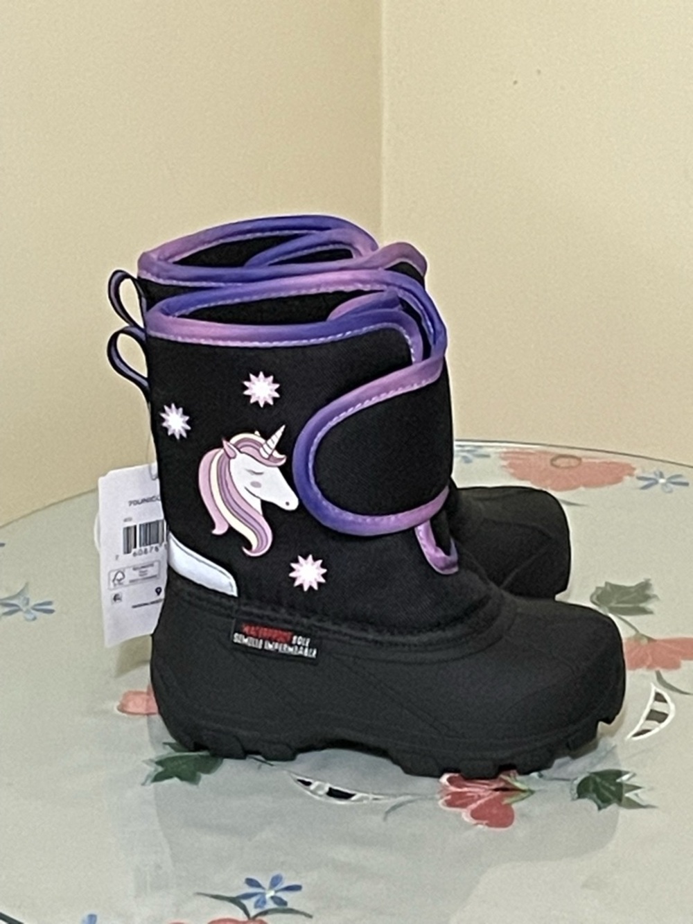 🌸 NEW Kids Black Winter Boots with Purple Trim and Unicorn  Size 9